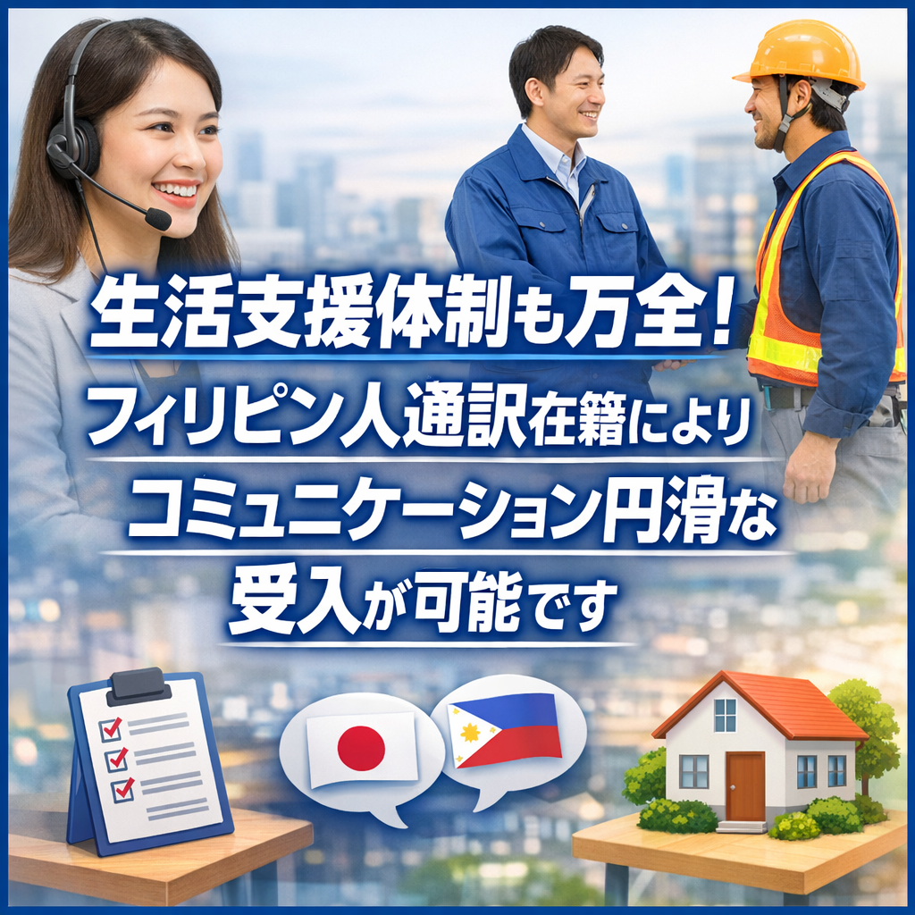 生活支援体制も万全！フィリピン人通訳在籍によりコミュニケーション円滑な受入が可能です